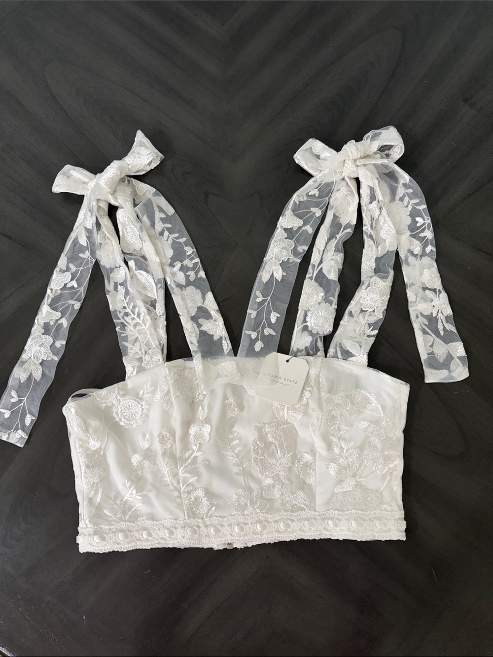 Alter’d State Arissa Floral Embroidered Crop Top White Ribbon Shoulder Straps